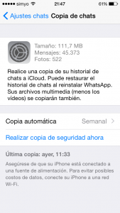 Copia de seguridad de WhatsApp en iPhone (iCloud)