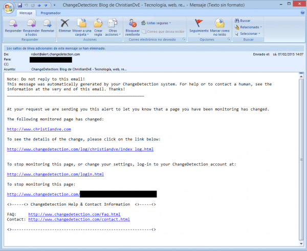 Correo de aviso de los cambios detectados en una web