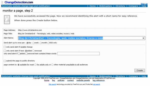 Paso 2 del alta una web en Changedetection.com