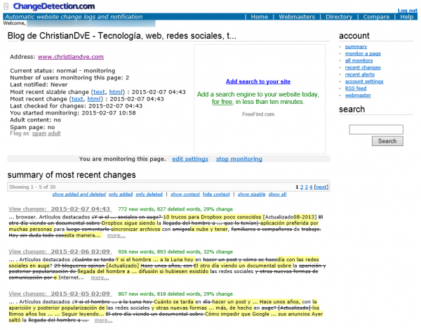 Cambios detectados en una web