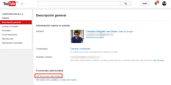 Ajustes de cuenta de YouTube - Ver funciones adicionales