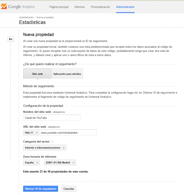 Obtener un ID de seguimiento de Google Analytics