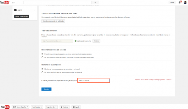 Insertar el ID de seguimiento de Google Analytics en el canal de YouTube