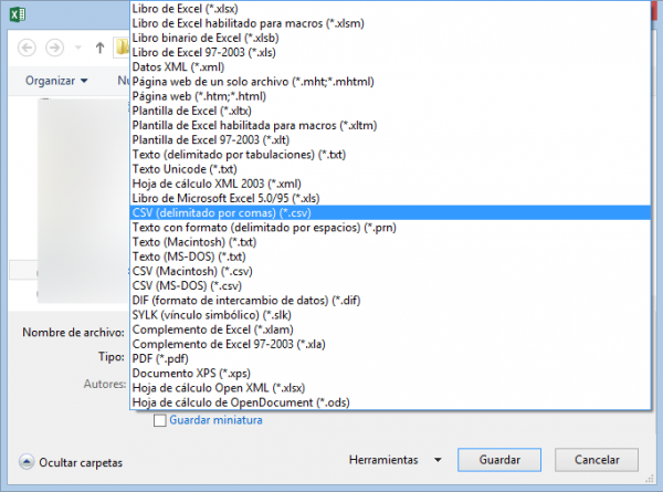 Guardar en Excel como fichero CSV delimitado por comas