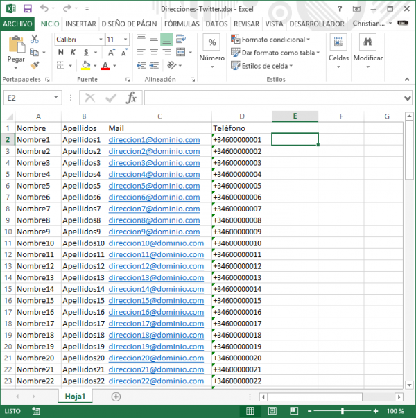 Datos de los contactos a importar (ejemplo)