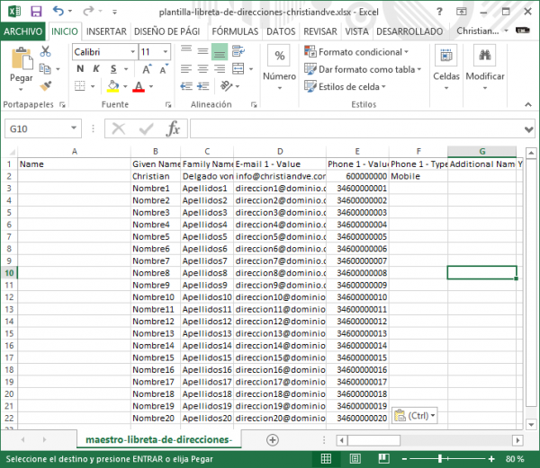 Plantilla para importar con datos cargados