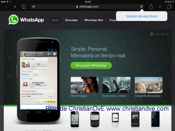 WhatsApp web - opción "Versión de escritorio" en iOS 9
