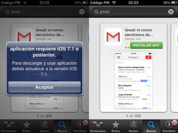 La aplicación requiere iOS 7.1 o superior