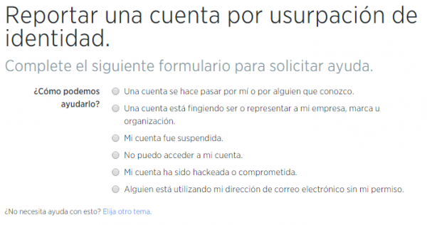 Formulario para denunciar una cuenta por usurpación de identidad