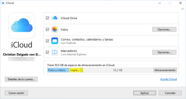 Panel de control de iCloud para Windows