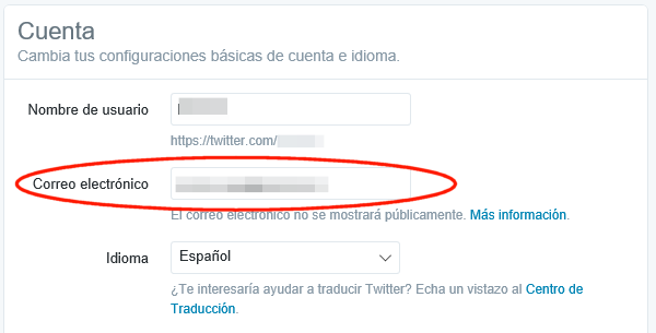 Correo electrónico en la cuenta de Twitter