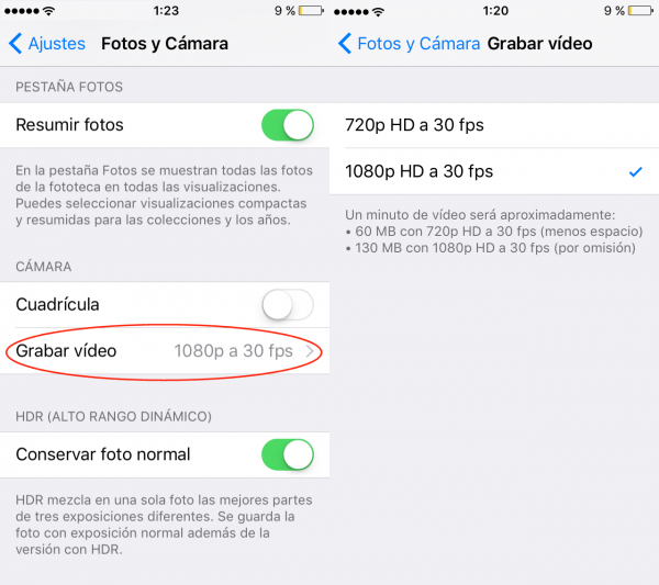 Cómo cambiar la calidad de los vídeos en iPhone 