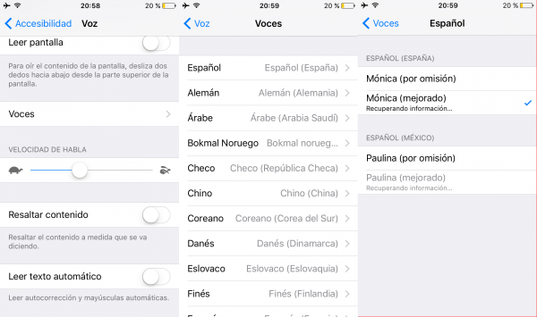 Cambiar la voz al sistema en iPhone, iPad o iPod