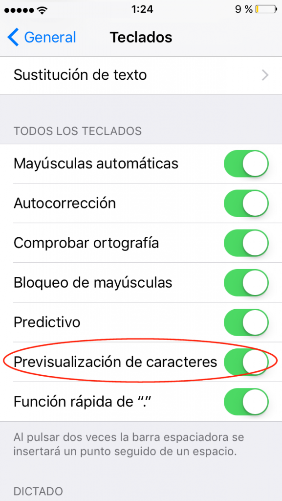 Activar o desactivar la previsualización de caracteres