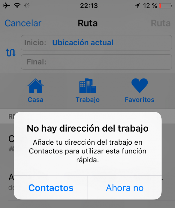 No hay dirección del trabajo en Apple Maps