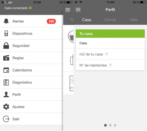 Alertas y apartados de la app de control domótico