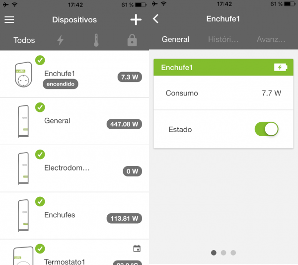 Control del enchufe desde la app, incluyendo el consumo