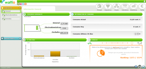 Panel de control en la web de Wattio