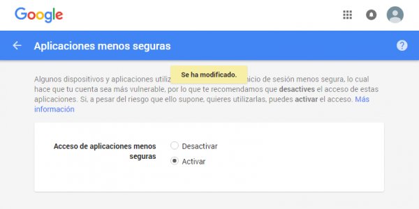 Gmail: permitir aplicaciones menos seguras