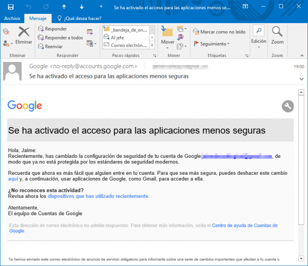 Se ha activado el acceso para las aplicaciones menos seguras 