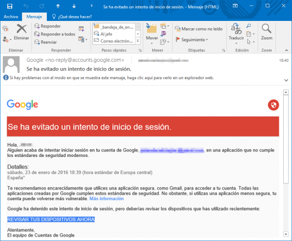 Gmail: Se ha evitado un intento de inicio de sesión.