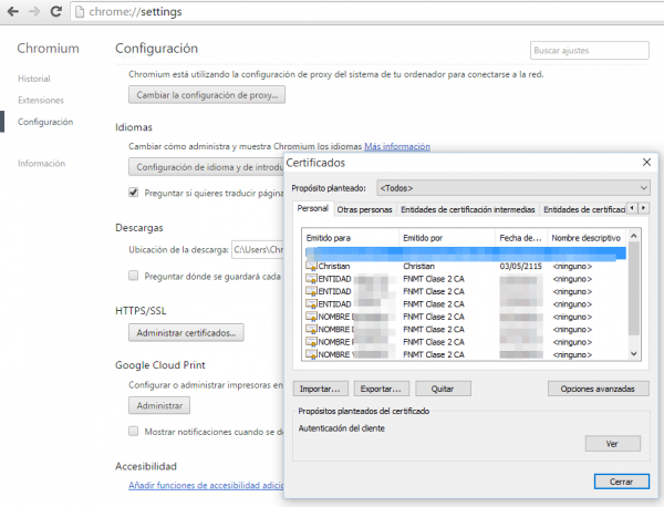 Exportar certificado - Google Chrome - Chromium