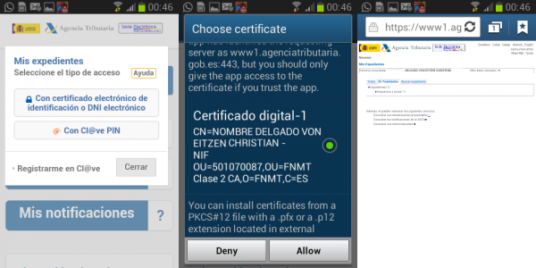 Navegar por la web de la Agencia Tributaria con el certificado digital clase 2 de la FNMT en Android