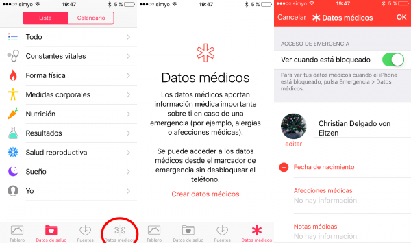 App de salud para añadir datos médicos del propietario del iPhone