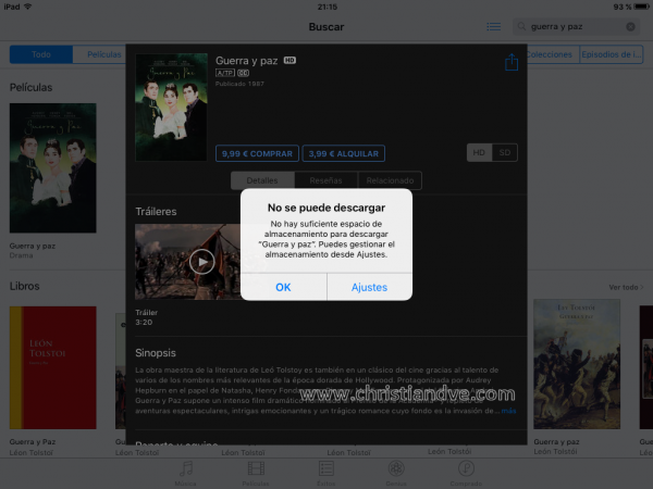 Mensaje: No se puede descargar. No hay suficiente espacio de almacenamiento para descargar ‘Guerra y Paz’. Puedes gestionar el almacenamiento desde Ajustes