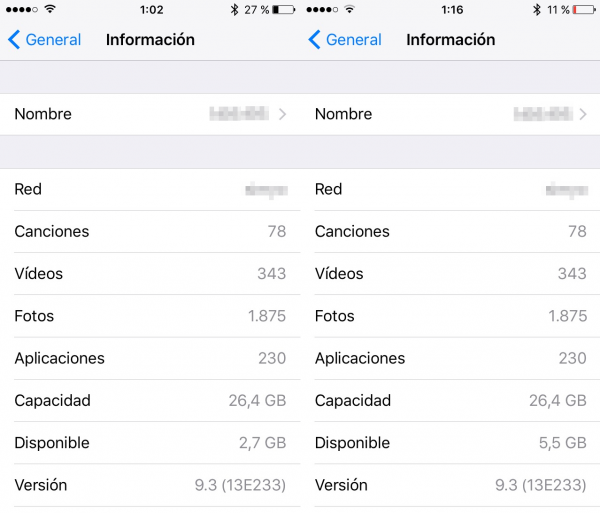 Espacio libre antes y después en el iPhone usando el truco