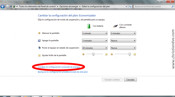 Windows 7: Cambiar la configuración del plan. Acceder a cambiar la configuración avanzada de energía