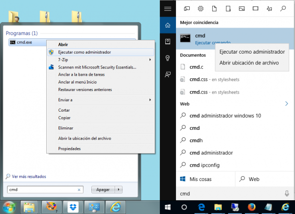 Buscar y ejecutar CMD como administrador (Windows 7 izquierda y Windows 10, derecha)