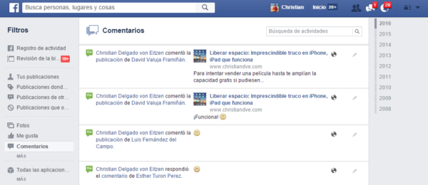 Registro de actividad en Facebook: comentarios