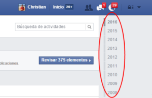 Selector de año en el registro de actividad de Facebook