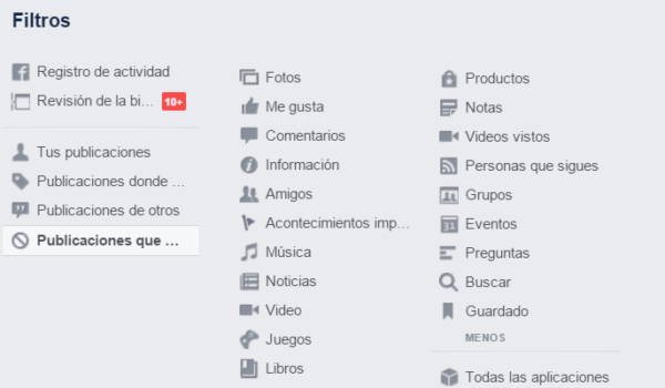 Filtros en Facebook del registro de actividad