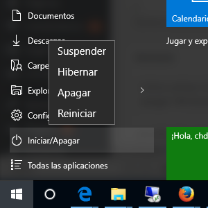 Menú de iniciar/apagar de Windows 10 con la opcion de hibernar