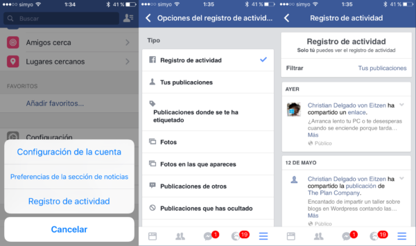 Registro de actividad en la app móvil de Facebook para iOS