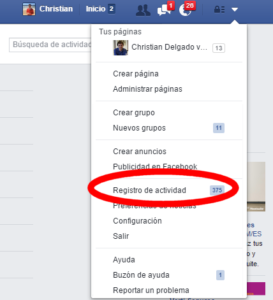 Aquí está el registro de actividad en Facebook