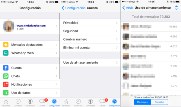 WhatsApp: uso de almacenamiento (mensajes)