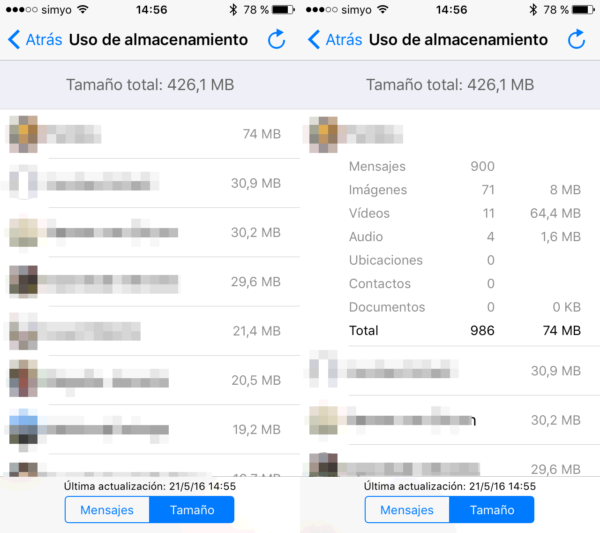 WhatsApp: uso de almacenamiento (tamaño)