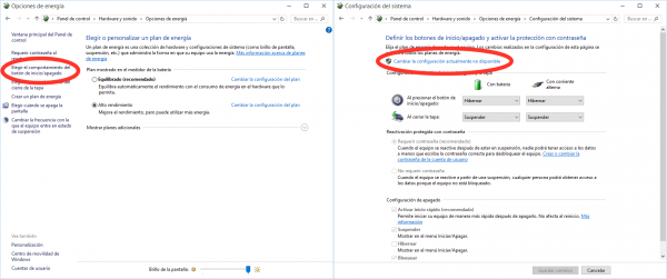 Opciones de energía donde cambiar estas configuraciones. Hacer clic en “Cambiar la configuración actualmente no disponible”