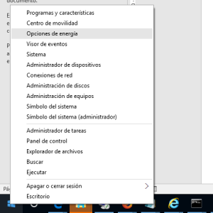 Botón derecho en el botón Inicio en el menú Inicio de Windows 10 y selecciona opciones de energía