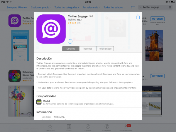 Instalando Twitter Engage en el iPad