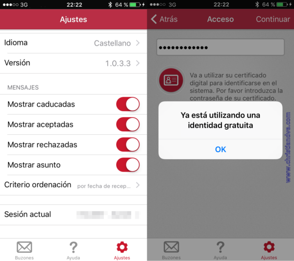 Ajustes de las notificaciones electrónicas en el iPhone y mensaje "Ya está utilizando una identidad gratuita"