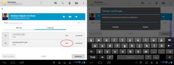 Instalar el certificado digital en Android a través del correo electrónico