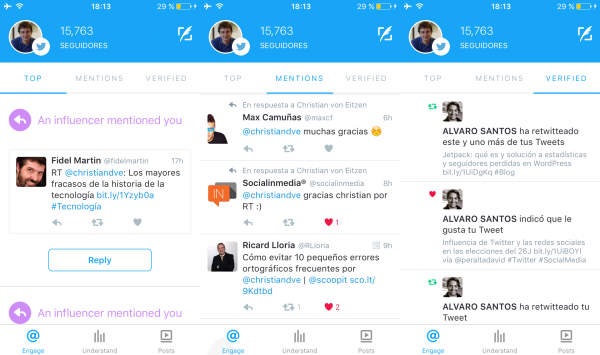 Engage: top, mentions y verified (destacados, menciones y de cuentas verificadas)