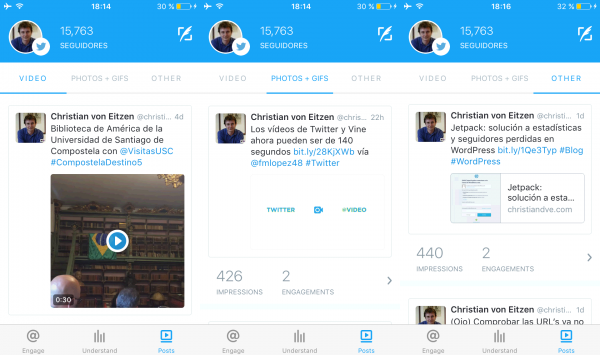 Twitter Engage: posts: video, photos + GIFs y "other"