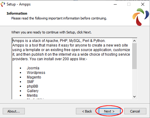 Información durante la instalación de Ampps en Windows