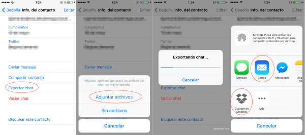 Cómo exportar un chat por correo electrónico, Dropbox, etc. en iPhone