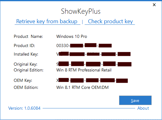 ShowKeyPlus muestra el número de serie de Windows (todos ellos, incluso los que constan en el firmware/BIOS)